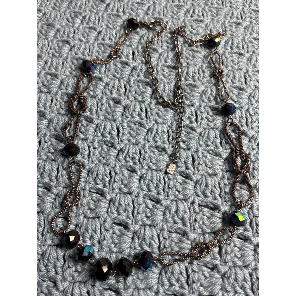 You and I  Glass Dark AB Faceted Beaded Necklace Gunmetal Knotted Mesh Chain